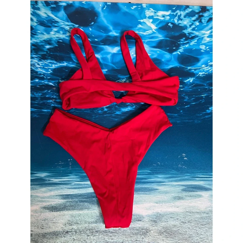 ☀️Unbranded Red Knot Front Bikini Set High Cut V-Waist Swimsuit Two Piece Womens